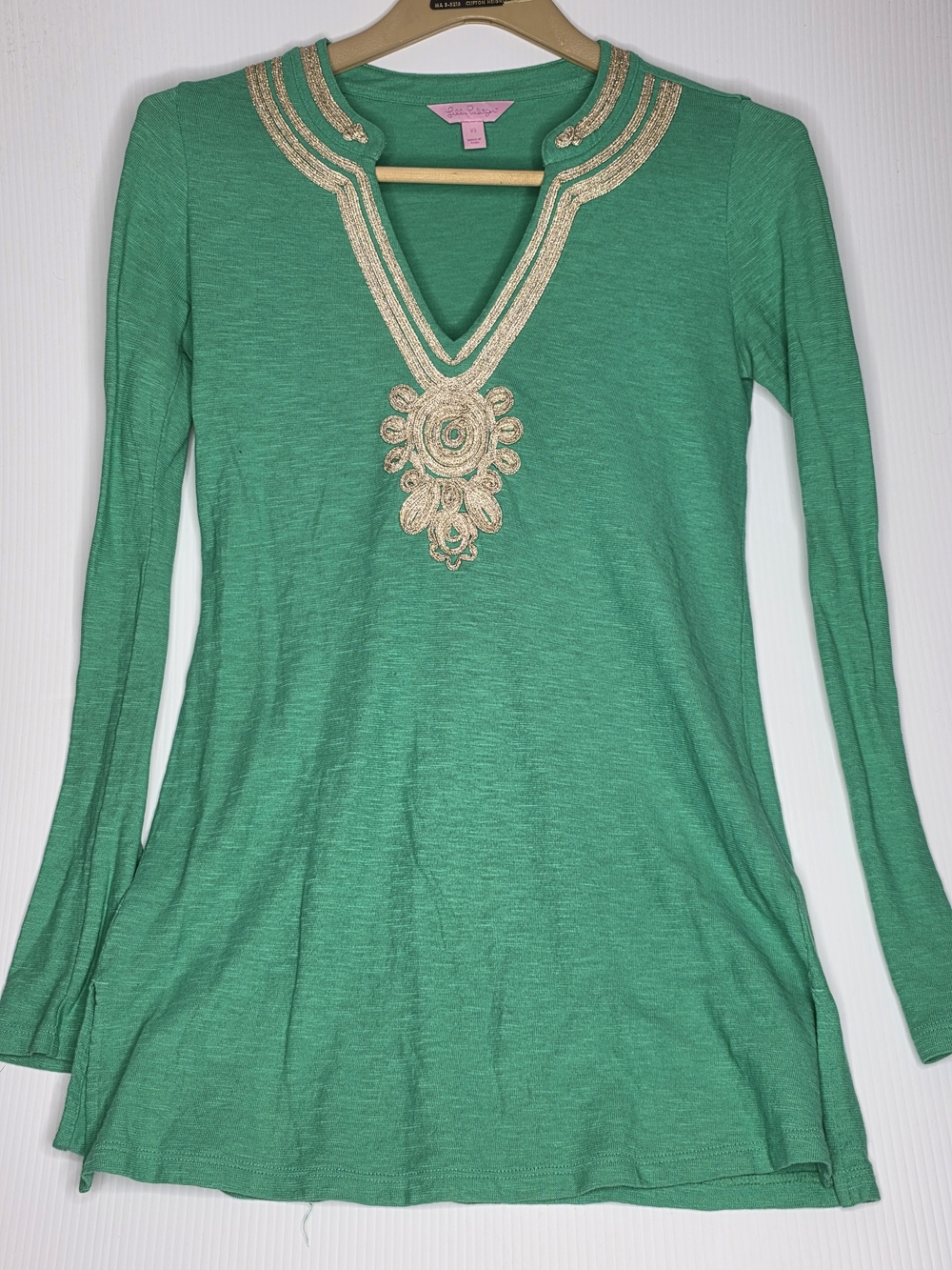 Lilly Pulitzer Emerson Tunic Top XS Green Gold Metallic V-Neck Resortwear Luxury